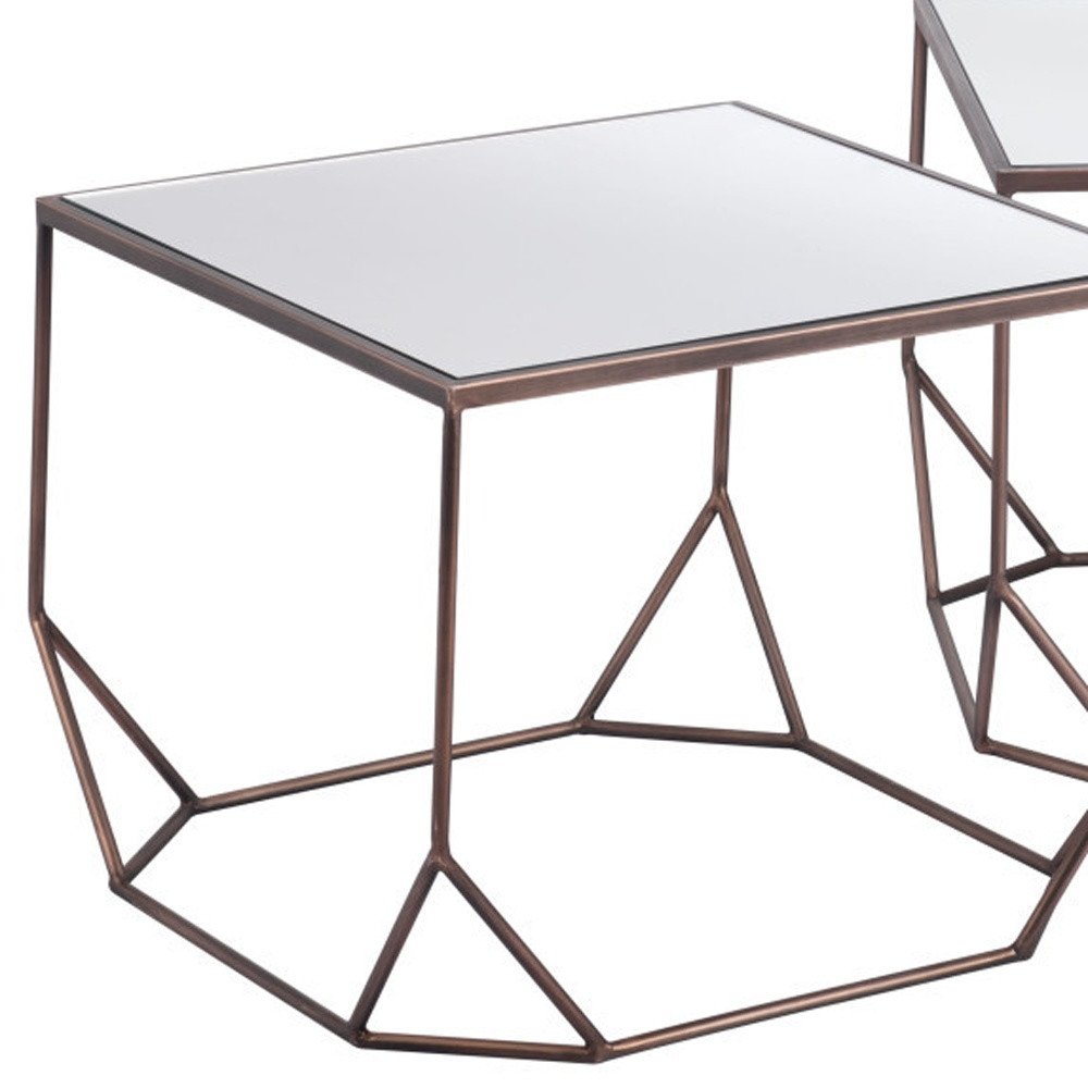 Set of Two Silver and Bronze Mirrored Glass and Steel Square Abstract Bunching Coffee Tables HomeRoots