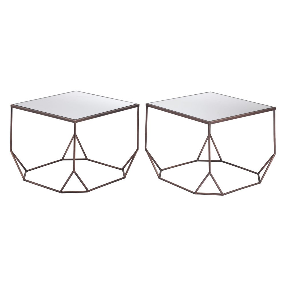 Set of Two Silver and Bronze Mirrored Glass and Steel Square Abstract Bunching Coffee Tables HomeRoots