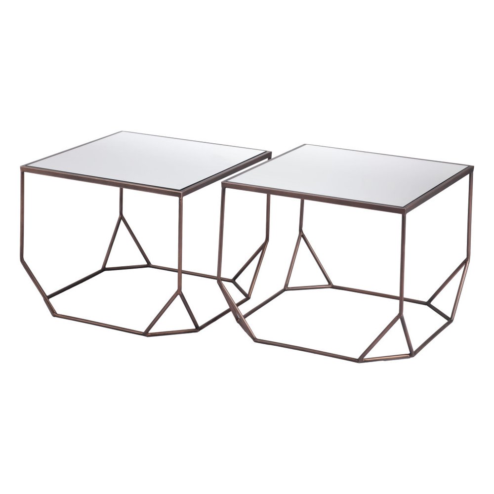 Set of Two Silver and Bronze Mirrored Glass and Steel Square Abstract Bunching Coffee Tables HomeRoots