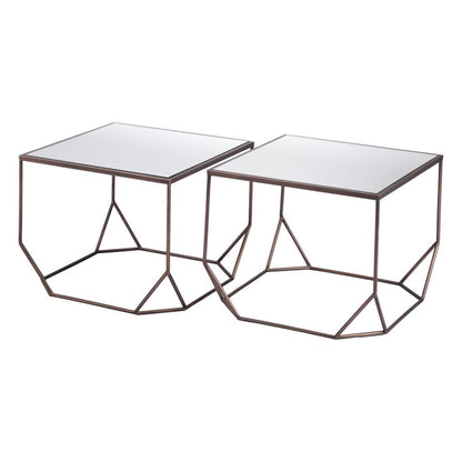 Set of Two Silver and Bronze Mirrored Glass and Steel Square Abstract Bunching Coffee Tables