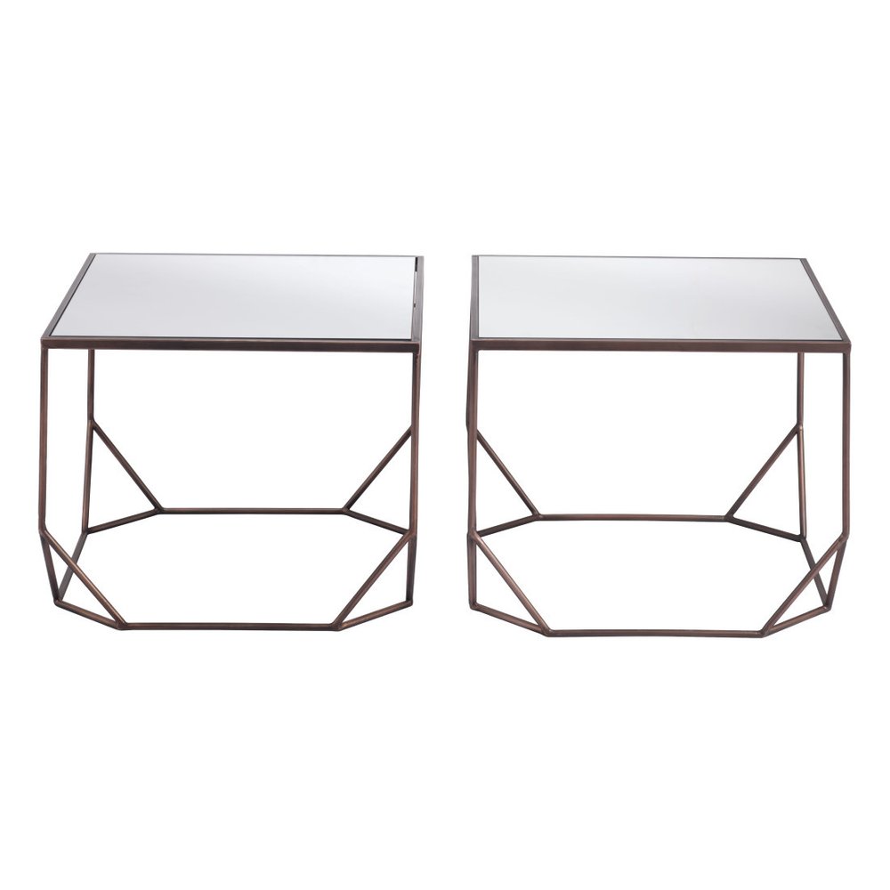 Set of Two Silver and Bronze Mirrored Glass and Steel Square Abstract Bunching Coffee Tables HomeRoots