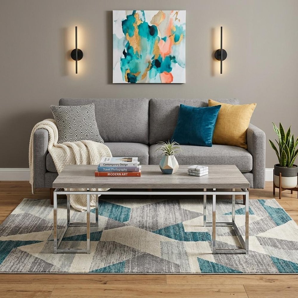 47" Oak and Silver Wood And Metal Frame Coffee Table HomeRoots
