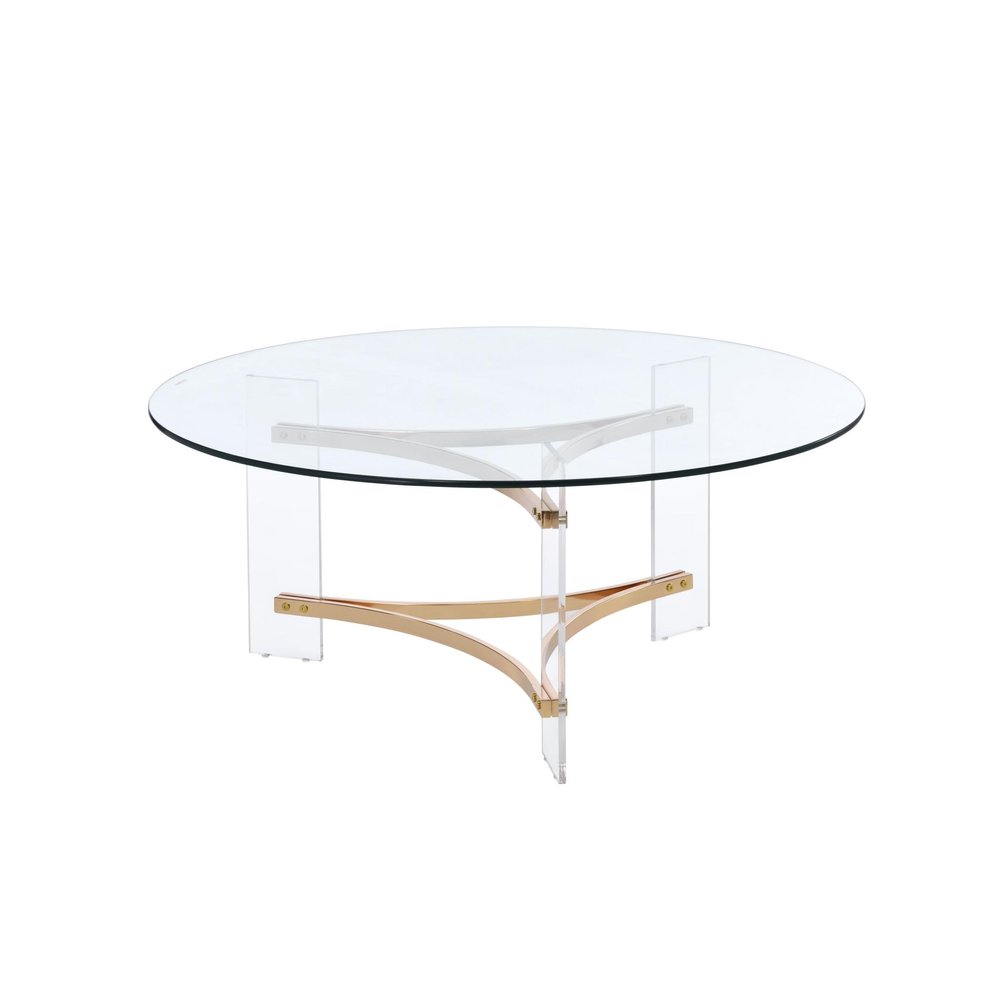 41" Clear and Gold Glass Acrylic and Brass Round Coffee Table HomeRoots