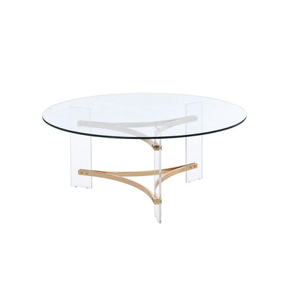 41" Clear and Gold Glass Acrylic and Brass Round Coffee Table HomeRoots