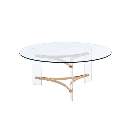 41" Clear and Gold Glass Acrylic and Brass Round Coffee Table HomeRoots