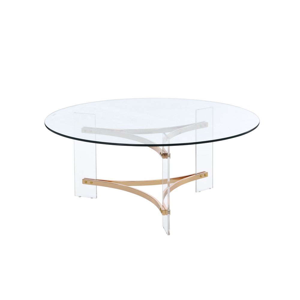 41" Clear and Gold Glass Acrylic and Brass Round Coffee Table HomeRoots