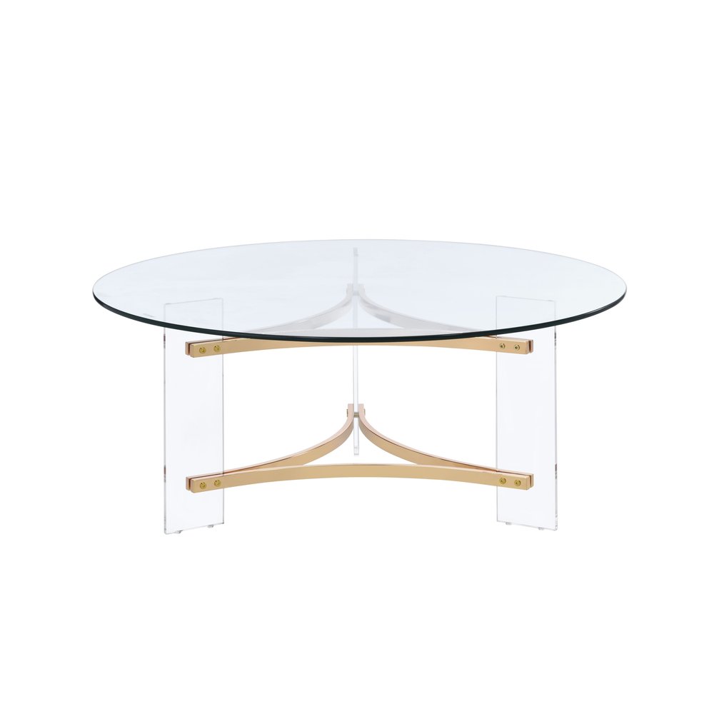 41" Clear and Gold Glass Acrylic and Brass Round Coffee Table HomeRoots