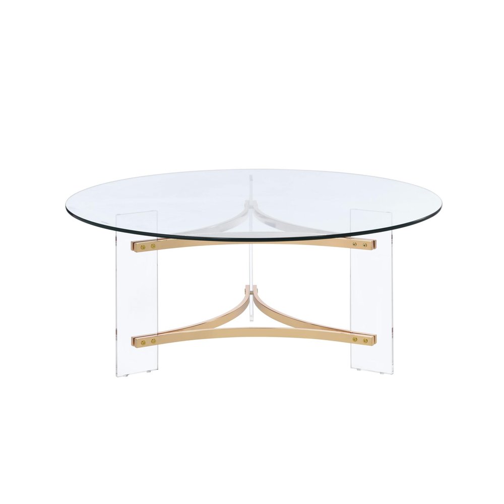 41" Clear and Gold Glass Acrylic and Brass Round Coffee Table HomeRoots