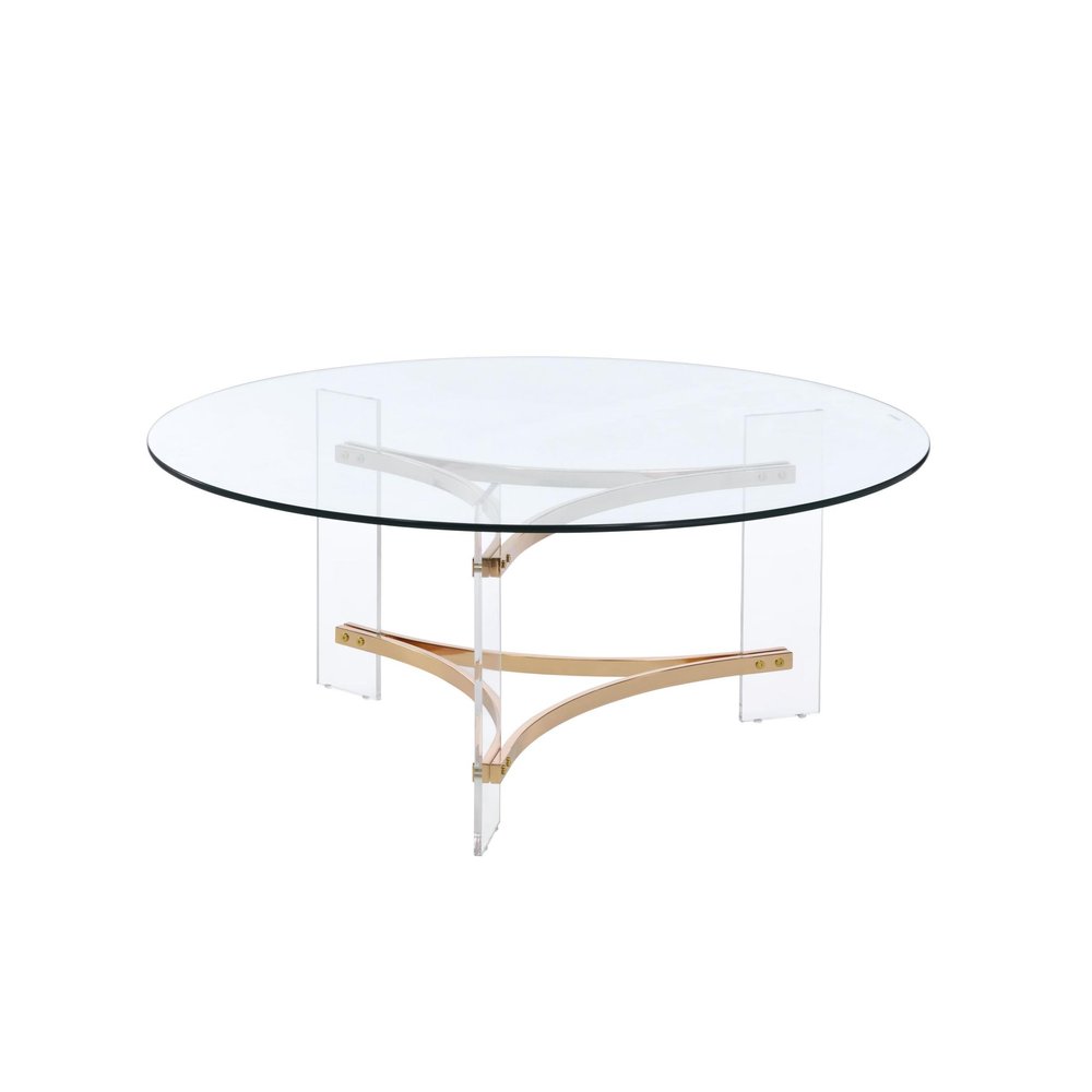 41" Clear and Gold Glass Acrylic and Brass Round Coffee Table HomeRoots