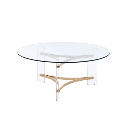 41" Clear and Gold Glass Acrylic and Brass Round Coffee Table HomeRoots
