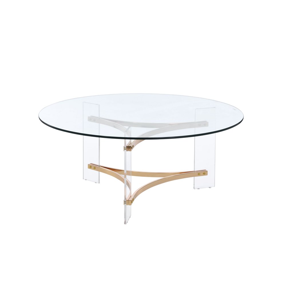 41" Clear and Gold Glass Acrylic and Brass Round Coffee Table HomeRoots