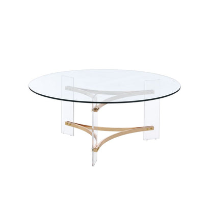 41" Clear and Gold Glass Acrylic and Brass Round Coffee Table HomeRoots