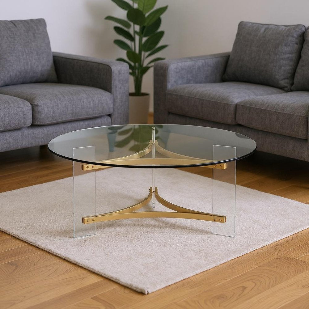 41" Clear and Gold Glass Acrylic and Brass Round Coffee Table HomeRoots