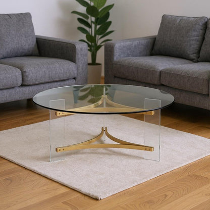 41" Clear and Gold Glass Acrylic and Brass Round Coffee Table HomeRoots