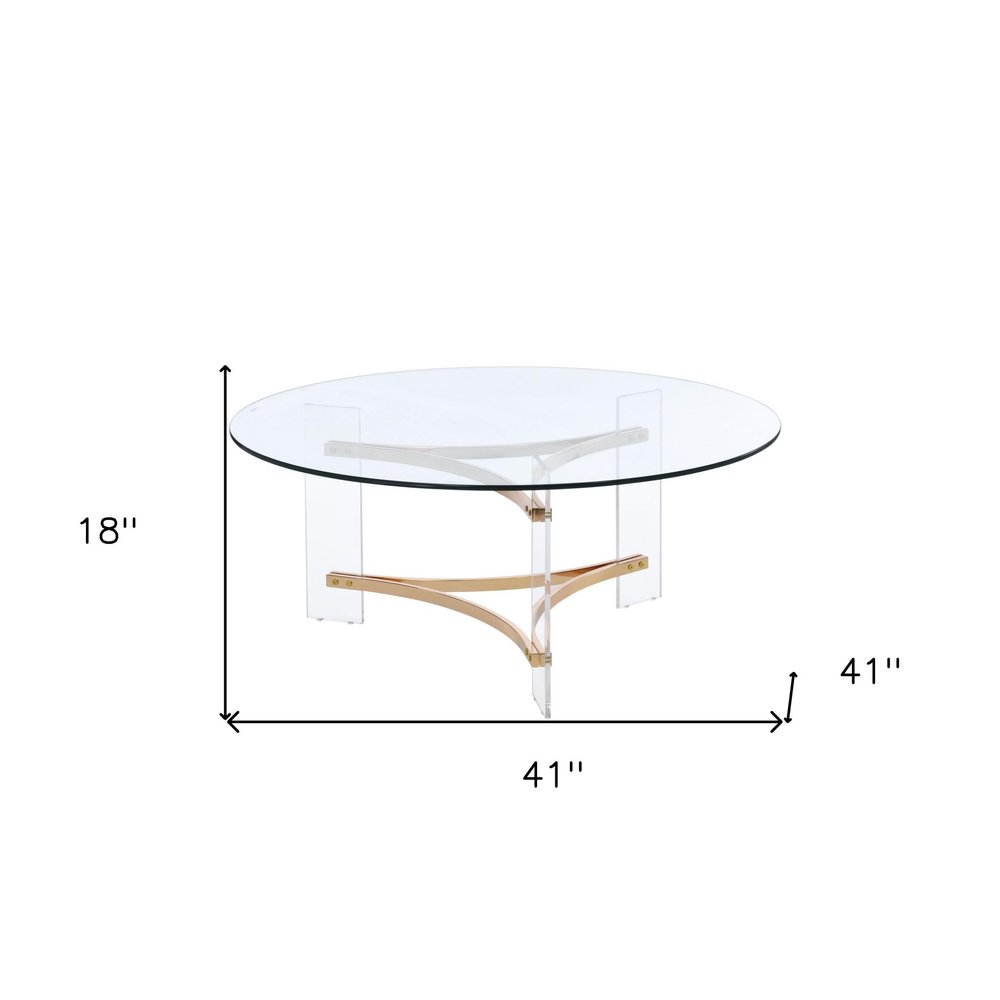 41" Clear and Gold Glass Acrylic and Brass Round Coffee Table HomeRoots