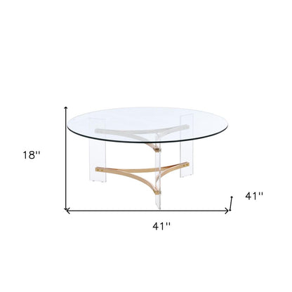 41" Clear and Gold Glass Acrylic and Brass Round Coffee Table HomeRoots