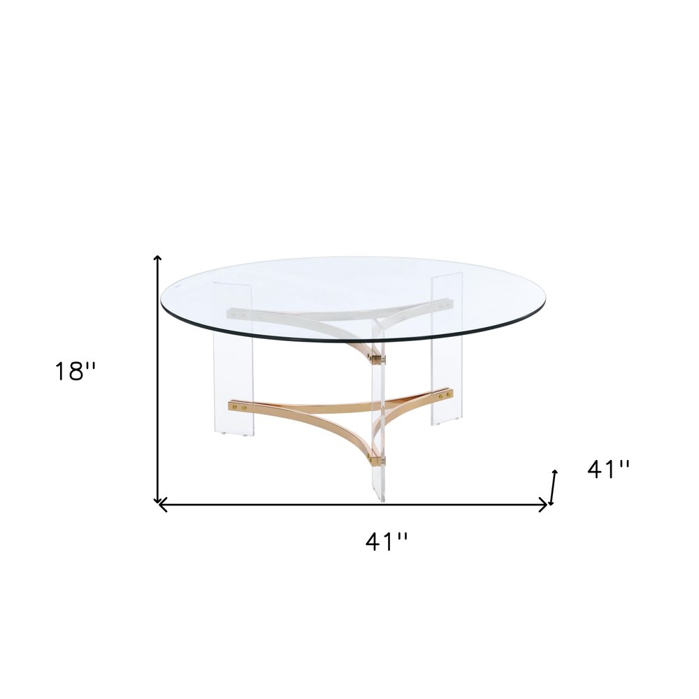 41" Clear and Gold Glass Acrylic and Brass Round Coffee Table HomeRoots