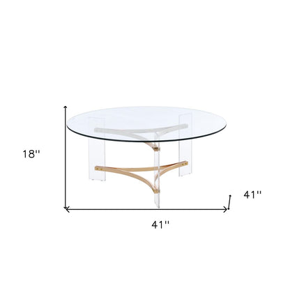 41" Clear and Gold Glass Acrylic and Brass Round Coffee Table HomeRoots