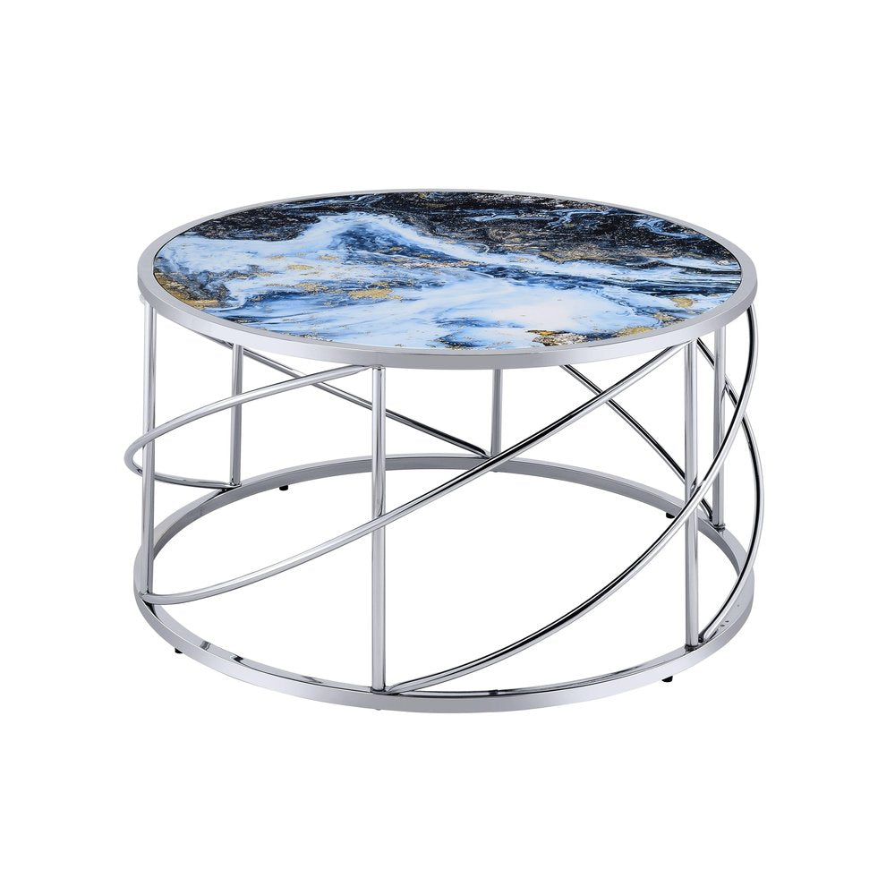 33" Blue and Silver Wood and Iron Faux Marble Geometric Frame Round Coffee Table HomeRoots