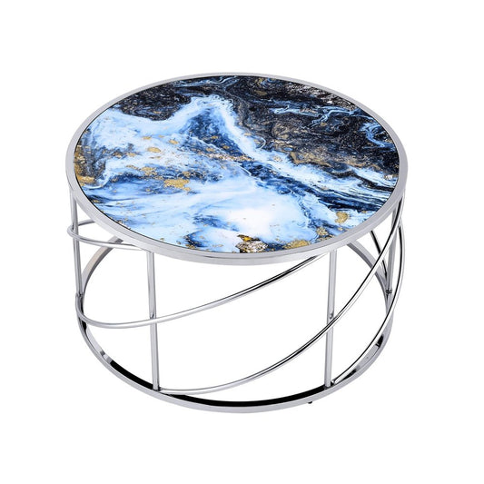 33" Blue and Silver Wood and Iron Faux Marble Geometric Frame Round Coffee Table HomeRoots