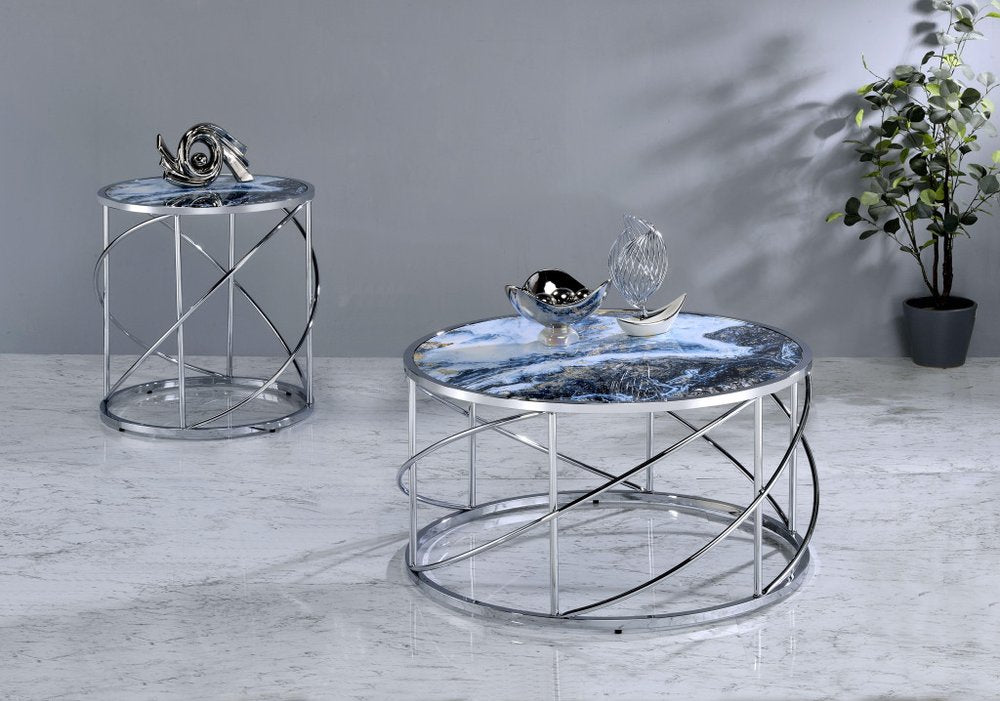 33" Blue and Silver Wood and Iron Faux Marble Geometric Frame Round Coffee Table HomeRoots