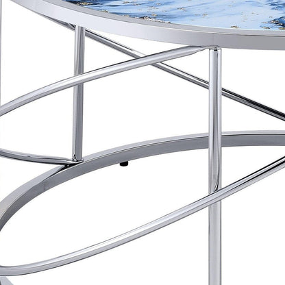 33" Blue and Silver Wood and Iron Faux Marble Geometric Frame Round Coffee Table HomeRoots