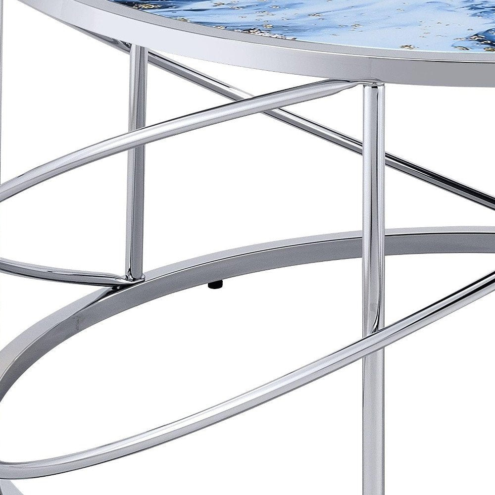 33" Blue and Silver Wood and Iron Faux Marble Geometric Frame Round Coffee Table HomeRoots