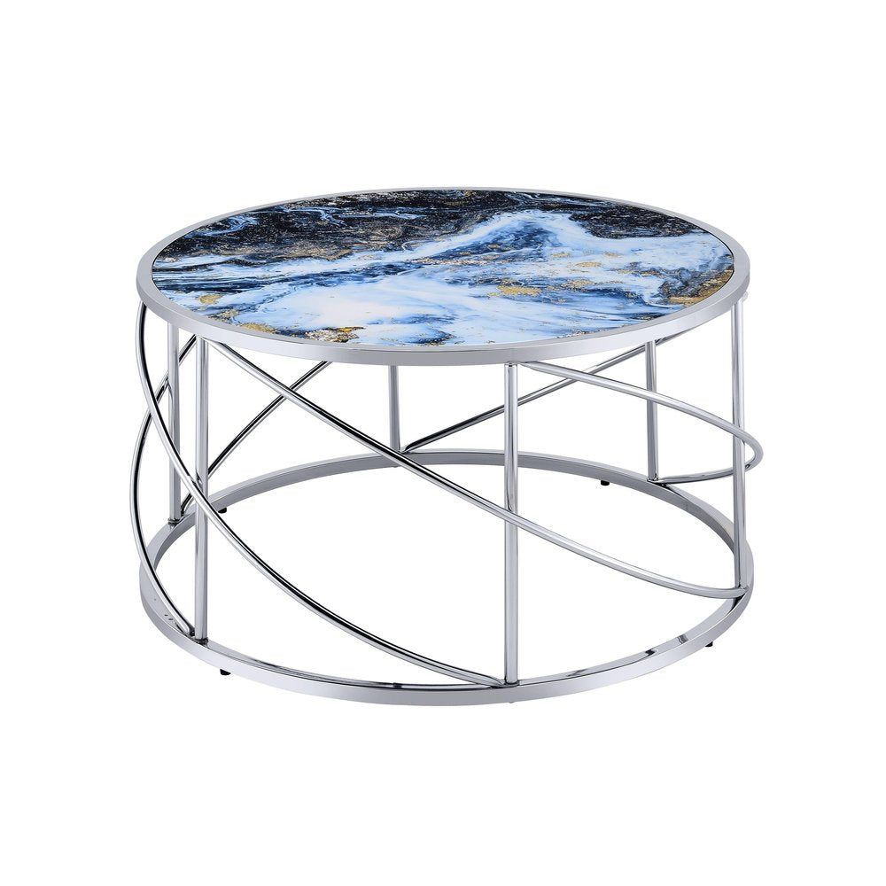 33" Blue and Silver Wood and Iron Faux Marble Geometric Frame Round Coffee Table HomeRoots