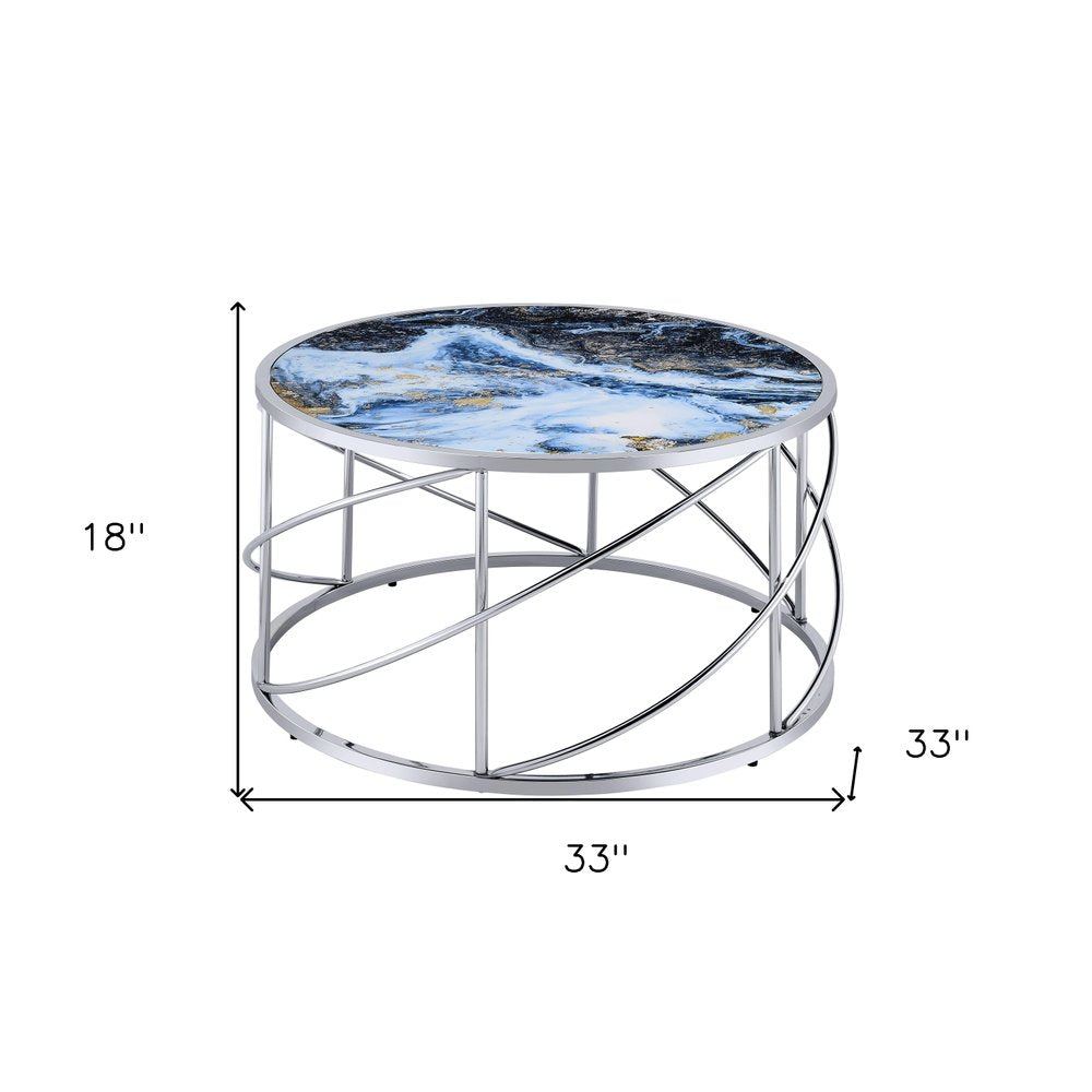 33" Blue and Silver Wood and Iron Faux Marble Geometric Frame Round Coffee Table HomeRoots