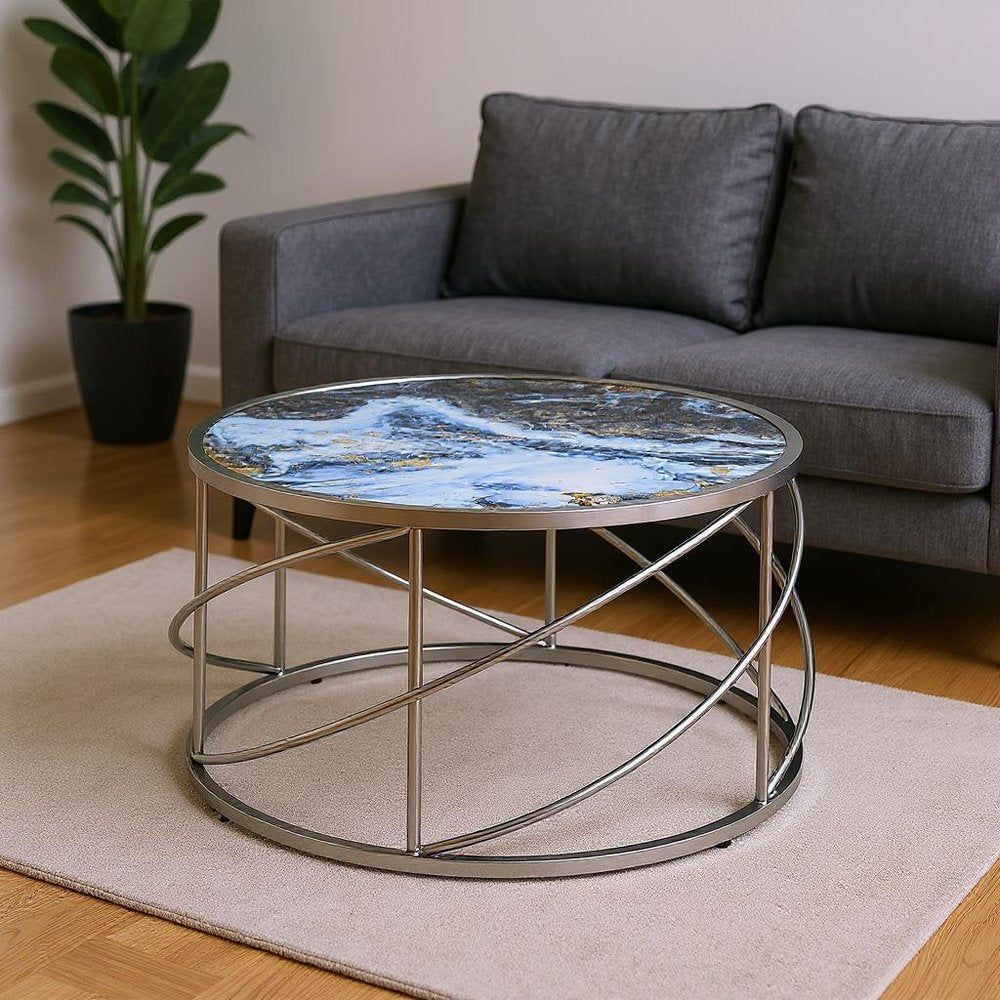 33" Blue and Silver Wood and Iron Faux Marble Geometric Frame Round Coffee Table HomeRoots