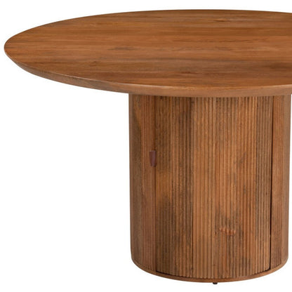 56" Brown Solid Wood Ribbed Texture Pedestal Base Round Dining Table HomeRoots