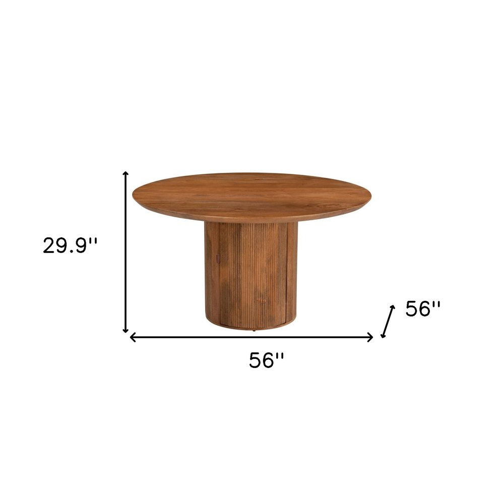 56" Brown Solid Wood Ribbed Texture Pedestal Base Round Dining Table HomeRoots