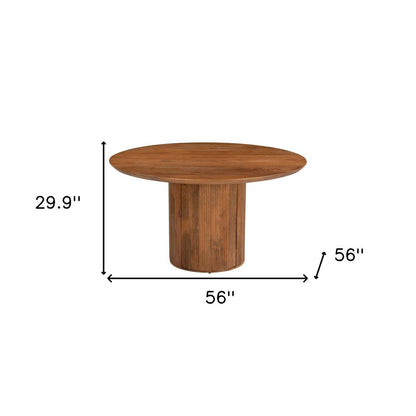 56" Brown Solid Wood Ribbed Texture Pedestal Base Round Dining Table HomeRoots