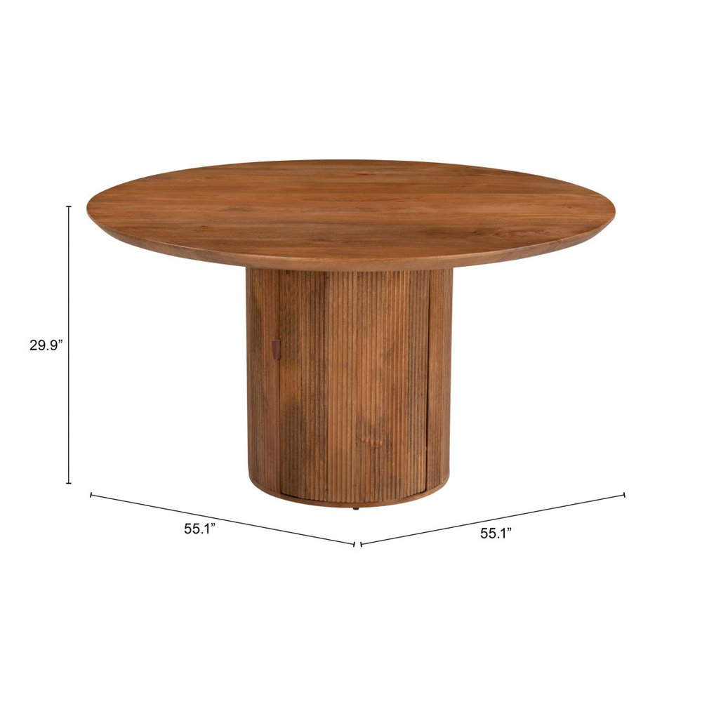 56" Brown Solid Wood Ribbed Texture Pedestal Base Round Dining Table HomeRoots