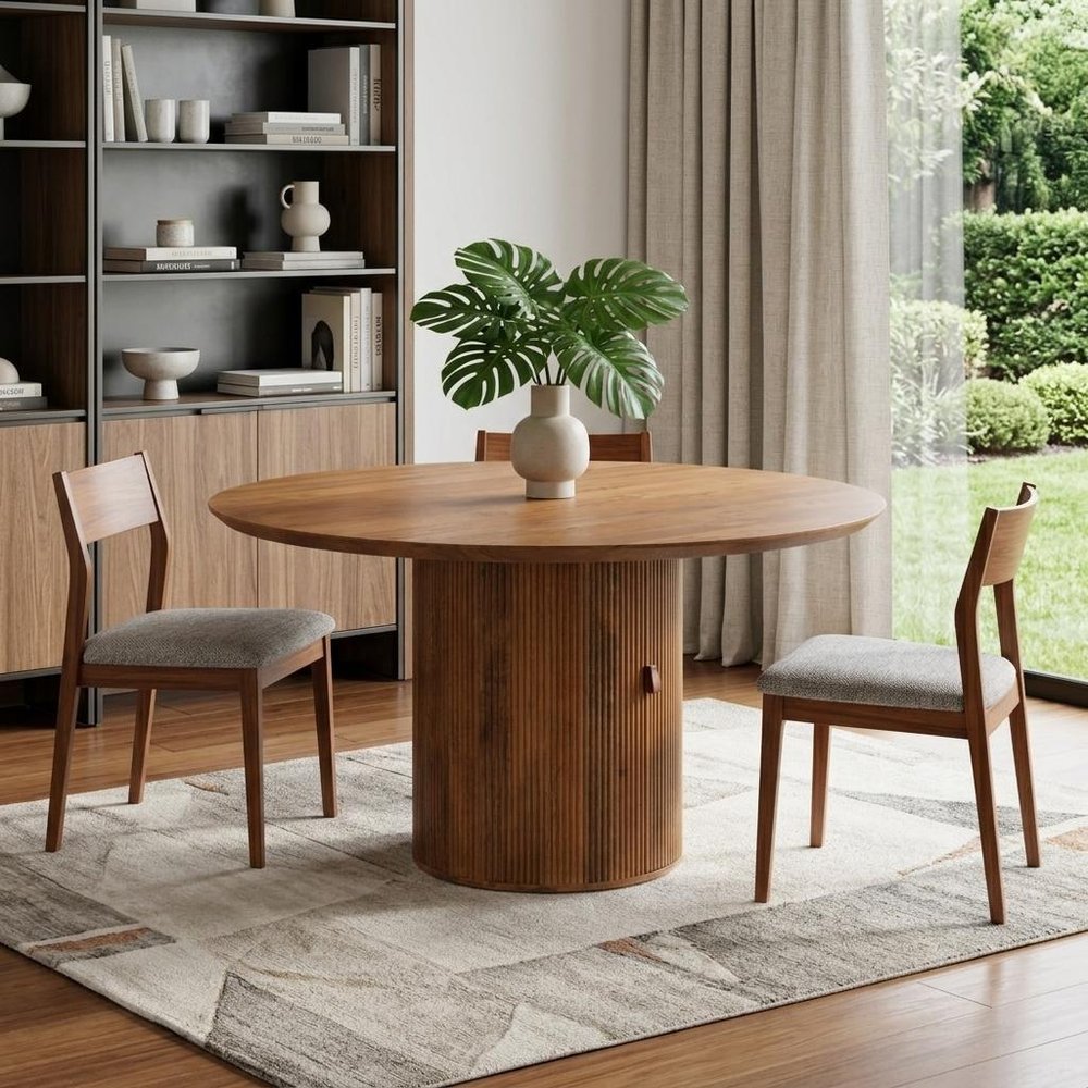 56" Brown Solid Wood Ribbed Texture Pedestal Base Round Dining Table HomeRoots