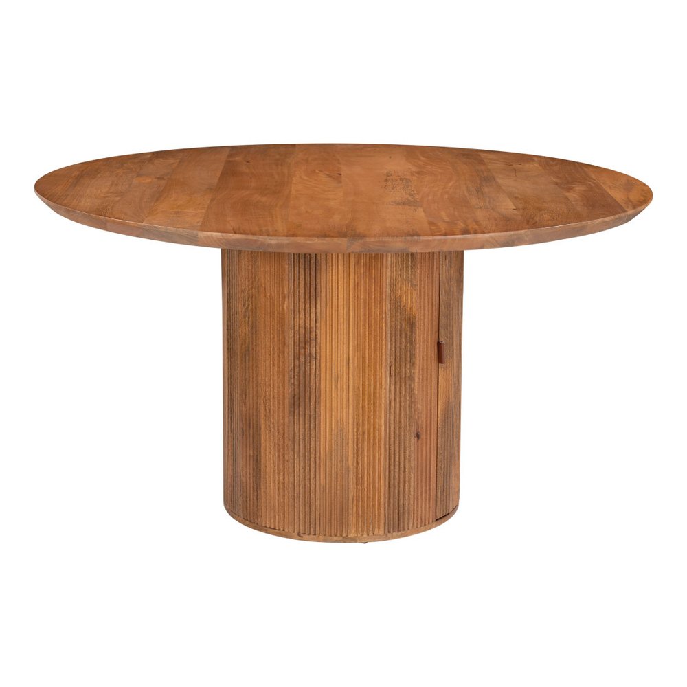 56" Brown Solid Wood Ribbed Texture Pedestal Base Round Dining Table HomeRoots