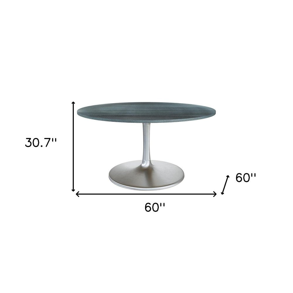 60" Gray and Silver Marble and Aluminum Pedestal Base Round Top Dining Table HomeRoots