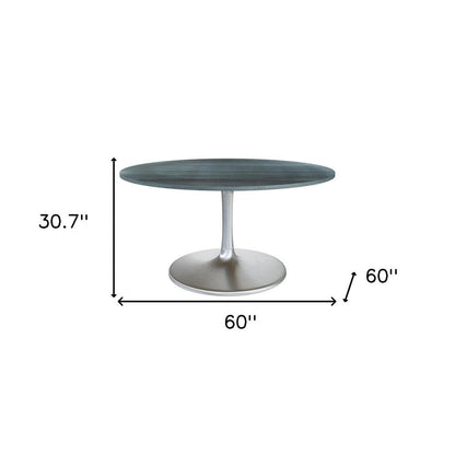 60" Gray and Silver Marble and Aluminum Pedestal Base Round Top Dining Table HomeRoots