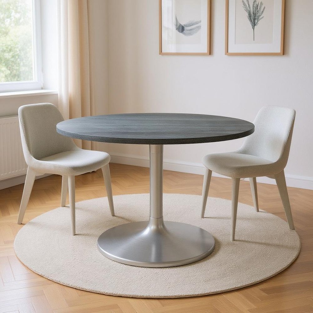 60" Gray and Silver Marble and Aluminum Pedestal Base Round Top Dining Table HomeRoots
