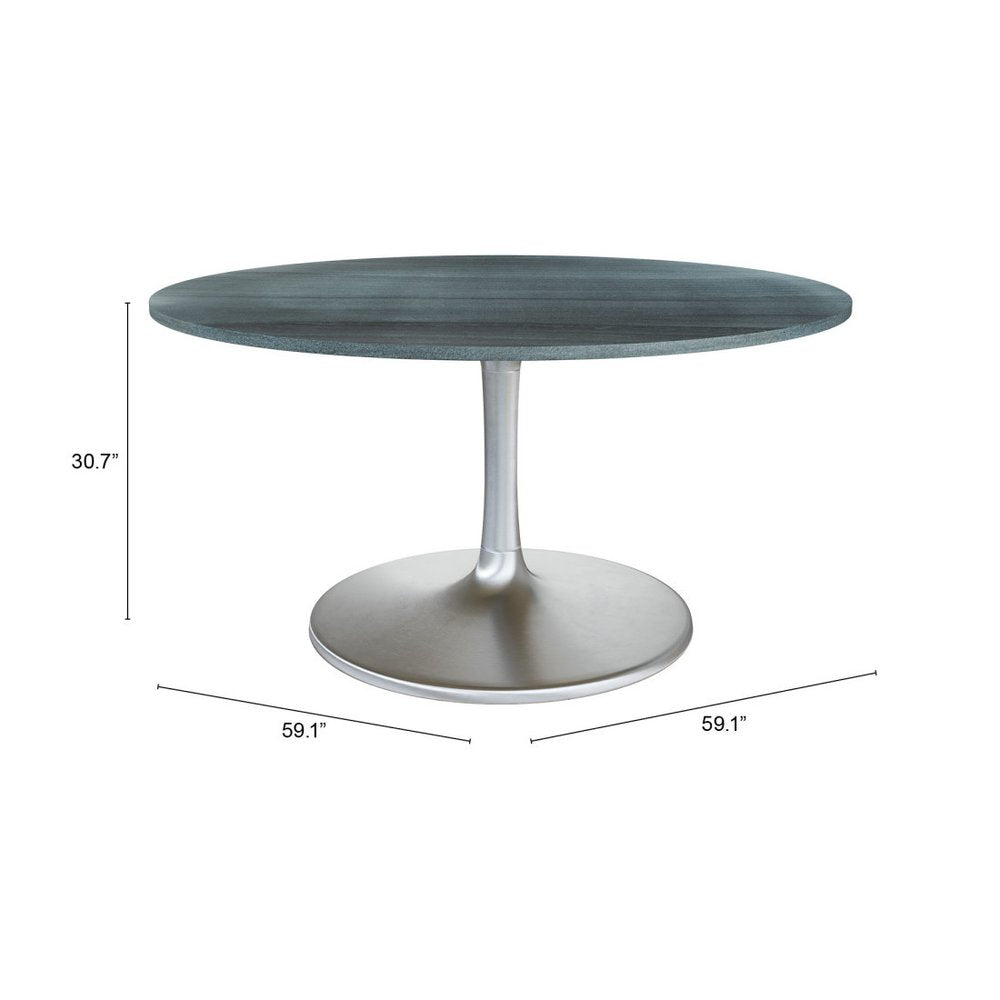 60" Gray and Silver Marble and Aluminum Pedestal Base Round Top Dining Table HomeRoots