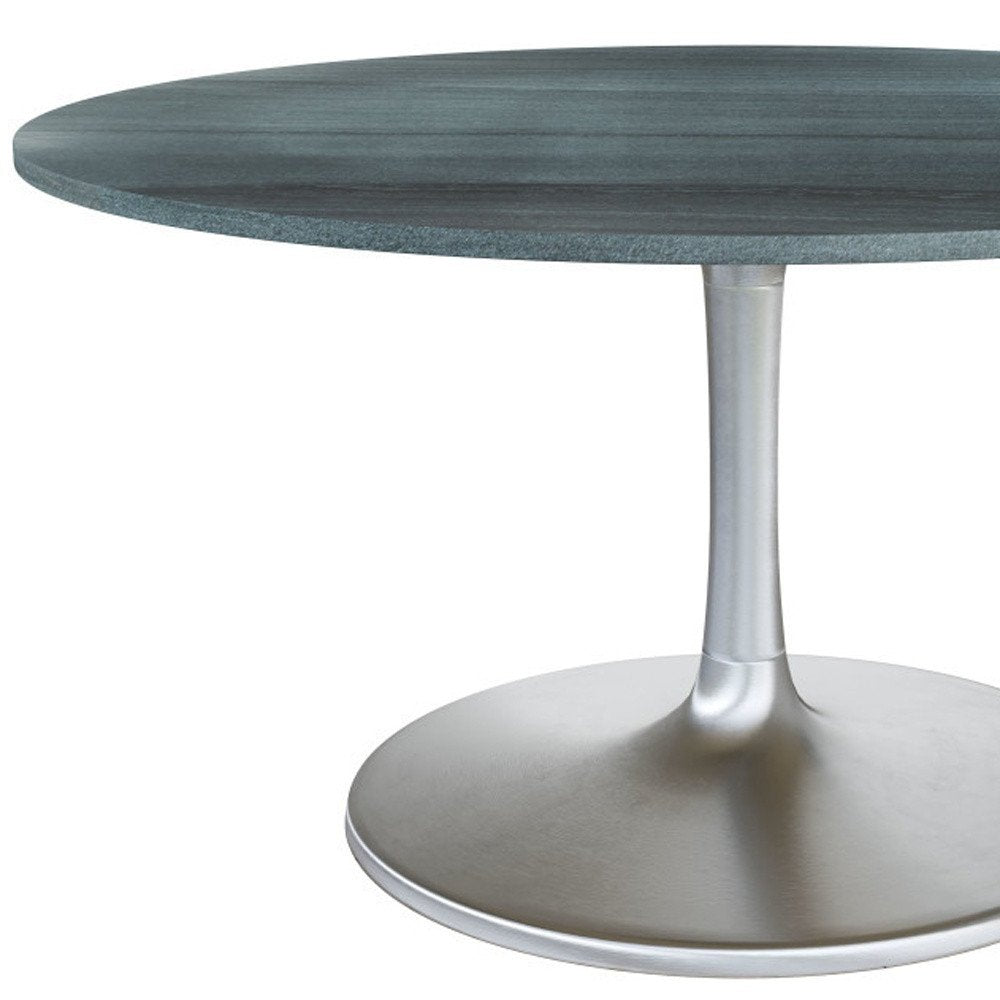 60" Gray and Silver Marble and Aluminum Pedestal Base Round Top Dining Table HomeRoots