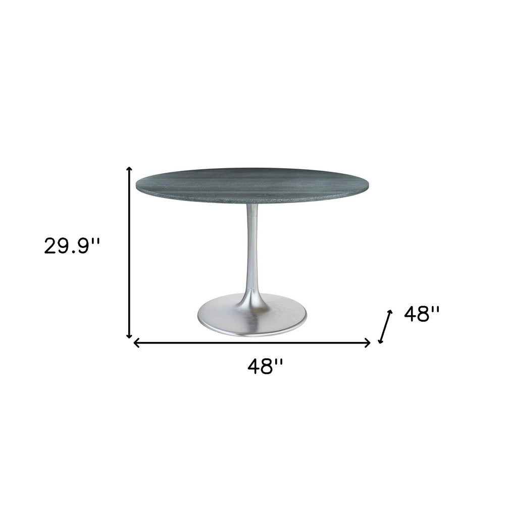 48" Gray and Silver Marble and Aluminum Pedestal Base Round Top Dining Table HomeRoots
