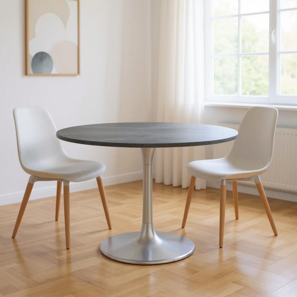 48" Gray and Silver Marble and Aluminum Pedestal Base Round Top Dining Table HomeRoots