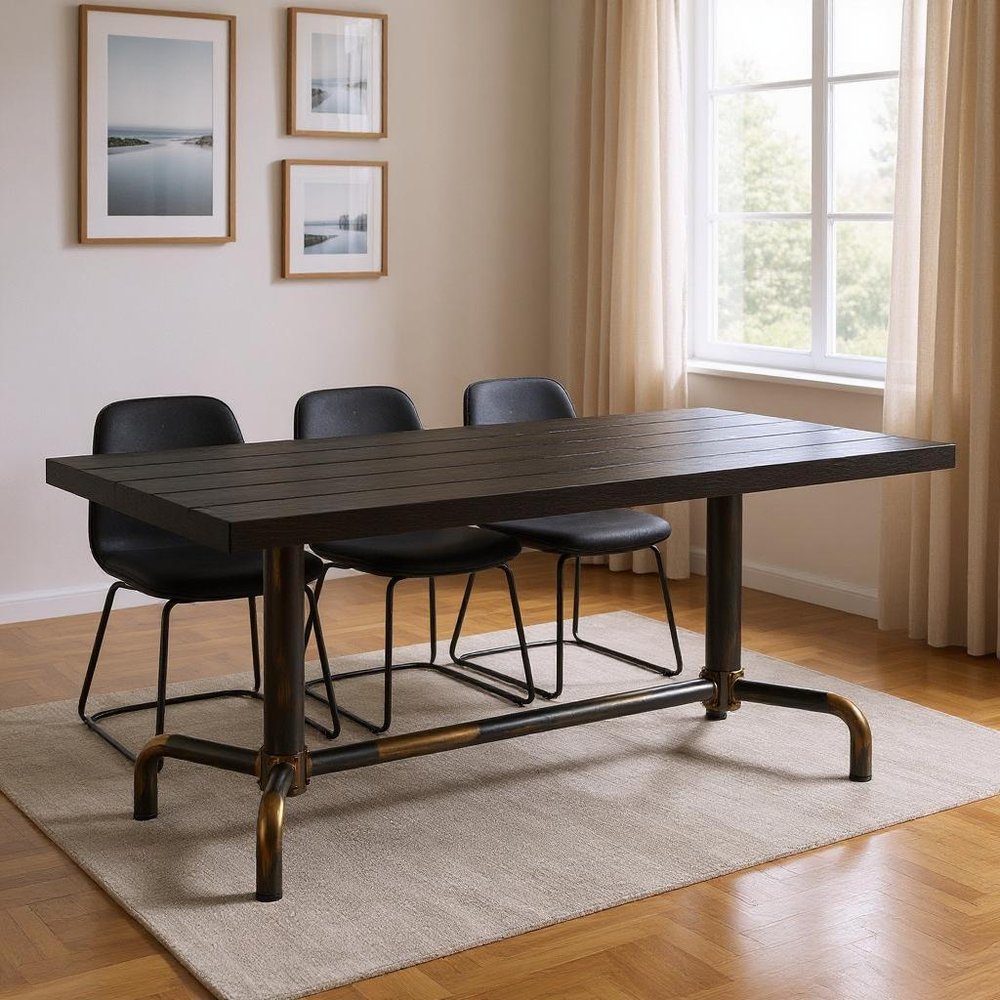 71" Black and Gold Wood and Steel Trestle Base Dining Table HomeRoots