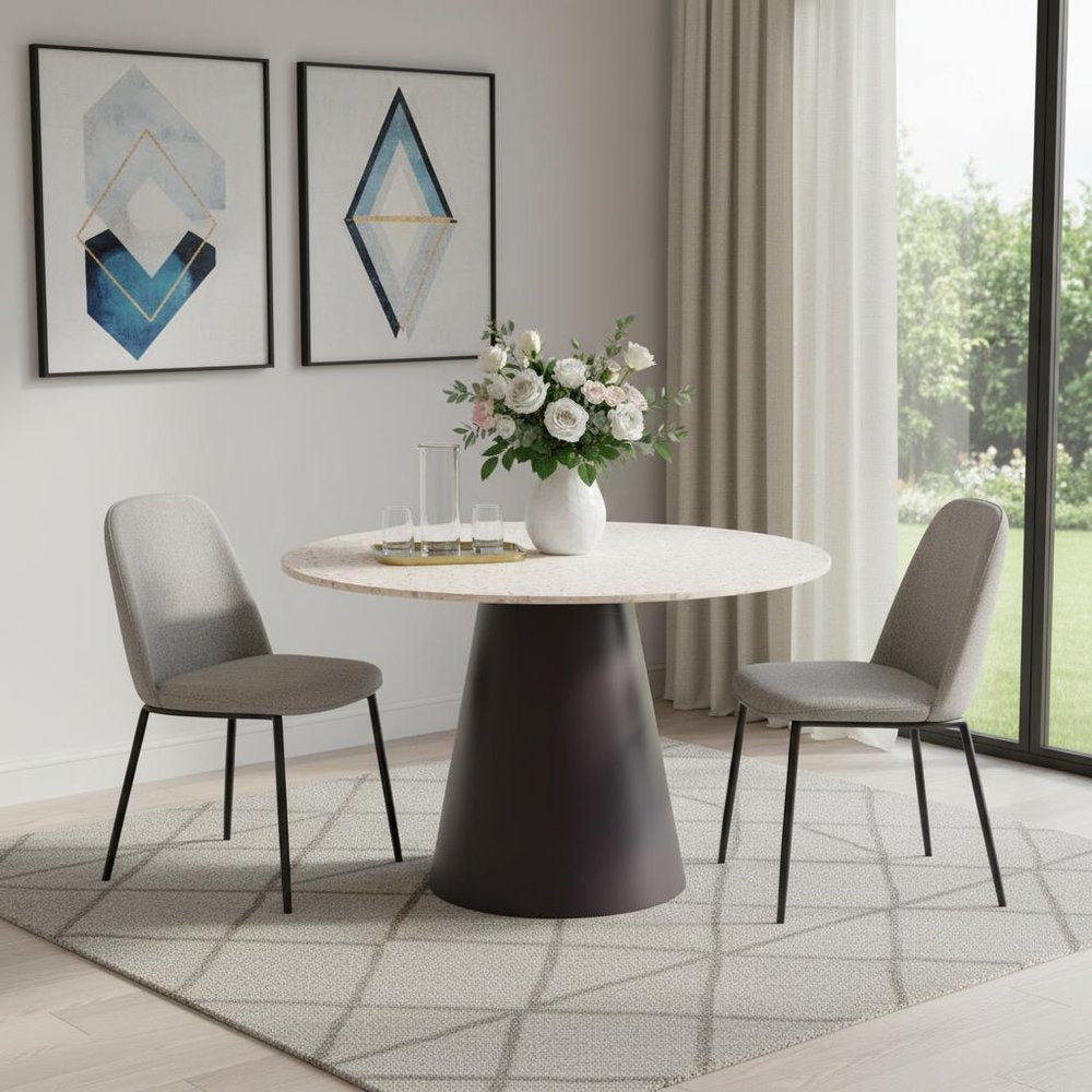 48" Beige and Black Wood and Steel Faux Terrazzo Round Top Dining Table HomeRoots