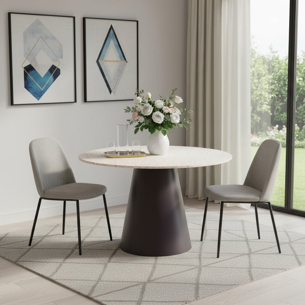48" Beige and Black Wood and Steel Faux Terrazzo Round Top Dining Table HomeRoots