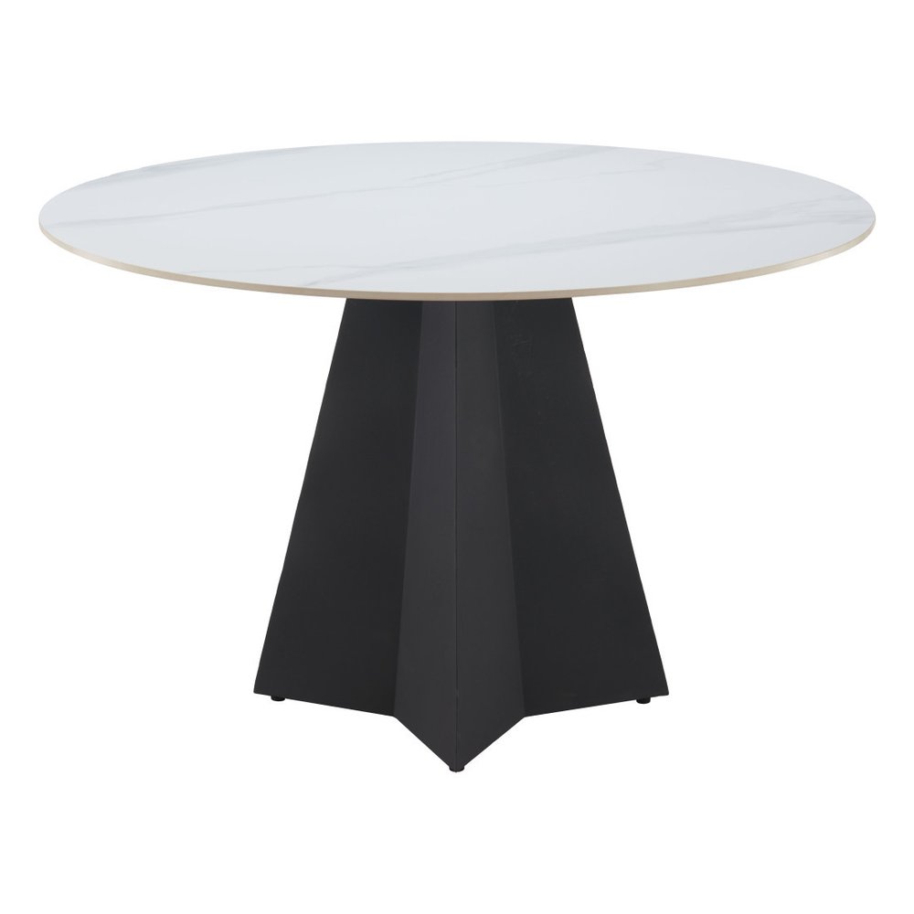 48" White and Black Sintered Stone and Steel Pedestal Base Round Dining Table HomeRoots