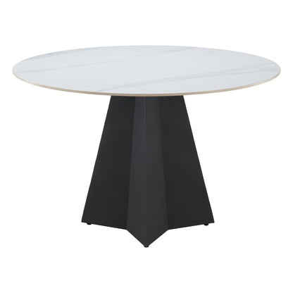 48" White and Black Sintered Stone and Steel Pedestal Base Round Dining Table HomeRoots