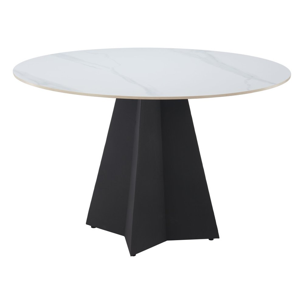 48" White and Black Sintered Stone and Steel Pedestal Base Round Dining Table HomeRoots