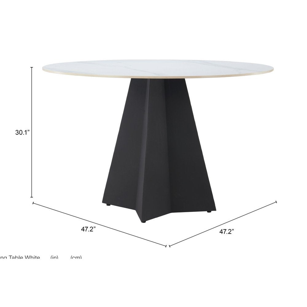 48" White and Black Sintered Stone and Steel Pedestal Base Round Dining Table HomeRoots